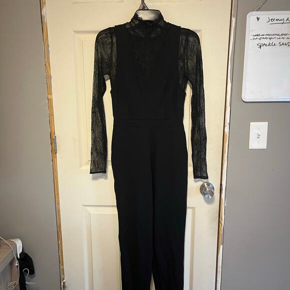 French Connection Lula Lace Black Jumpsuit 2 Sheer Mock Neck formal whimsigoth - Picture 10 of 11